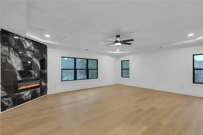 Open living space with marble fireplace